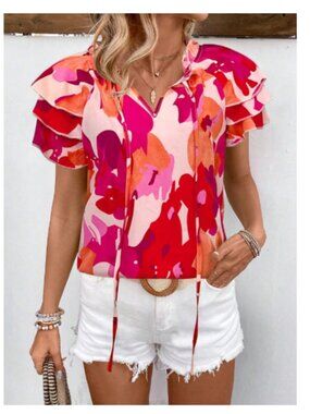 NEW Women's SHEIN Floral Ruffle Sleeve Blouse - Pink & Orange Abstract - Large
